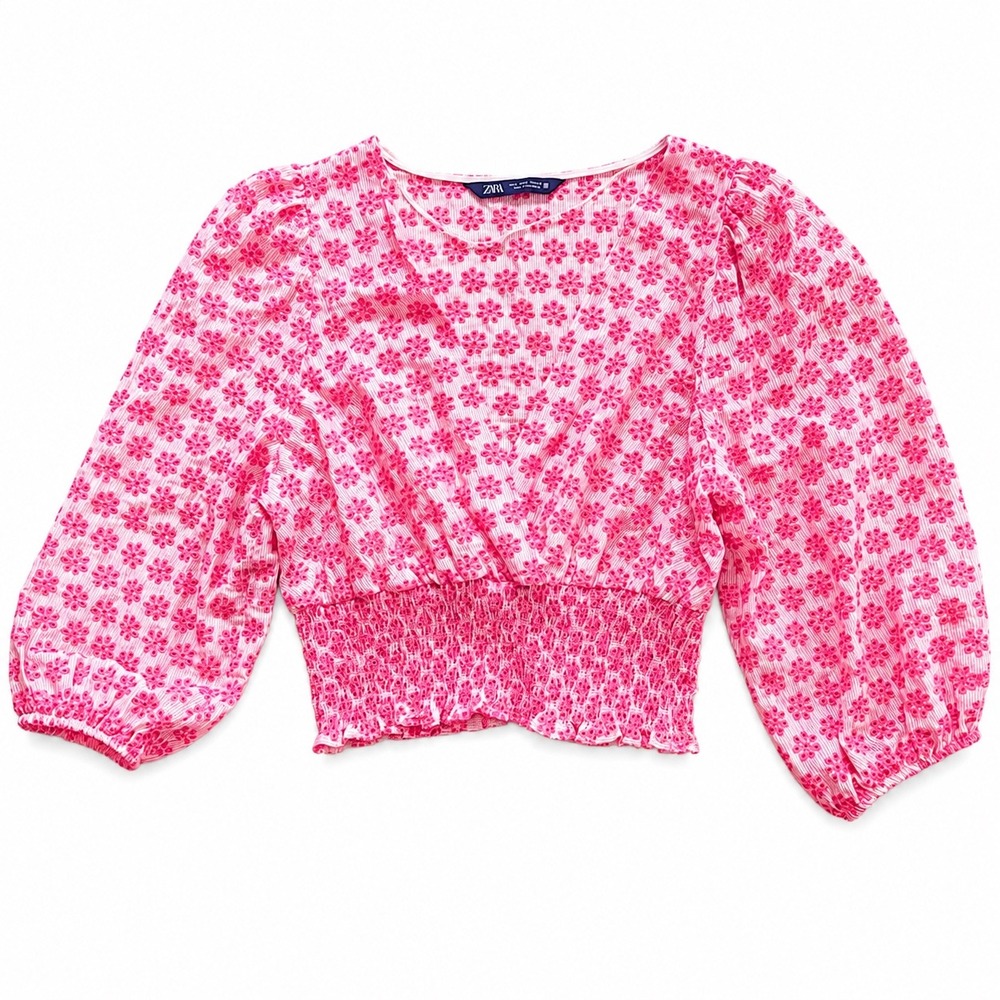Zara Pink Floral Eyelet Crop Top V-Neck Puff Sleeve Women L smocked waist boho